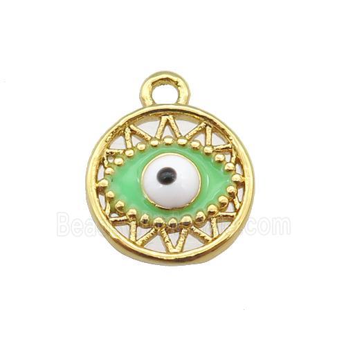 copper Evil eye pendant with green enamel, circle, gold plated, approx