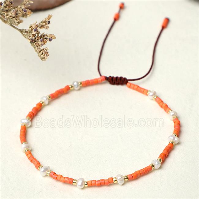 handmade miyuki seed glass Bracelet with Pearl, adjustable, orange