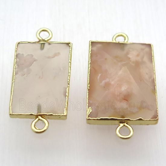 cherry agate rectangle connector, point, gold plated
