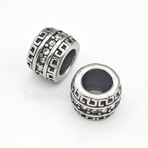 Stainless Steel Tube European Beads Pave Rhinestone, large hole, antique silver